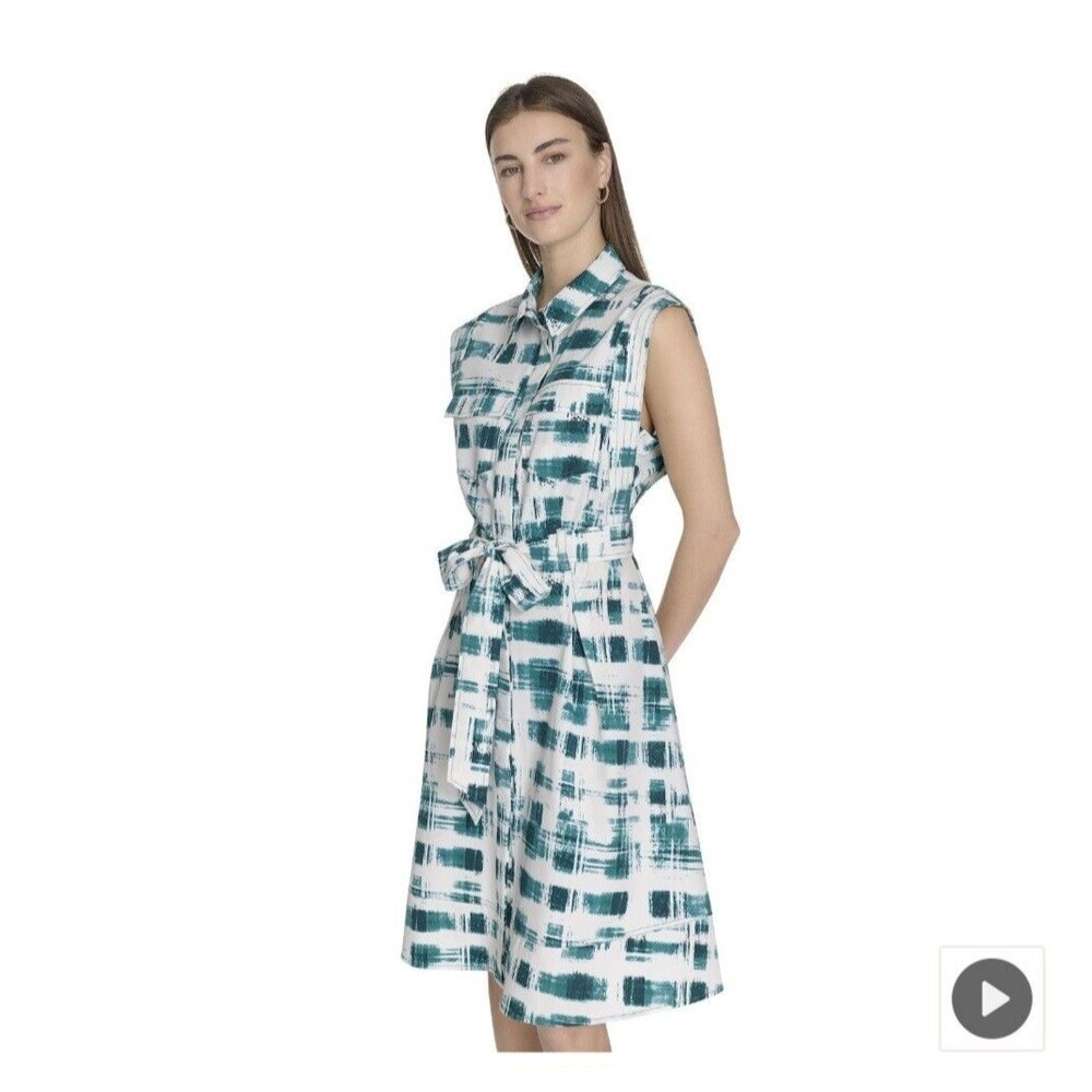 NEW ANDREW MARC WOMENS BELTED SHIRT DRESS SIZE 10 Green White Button Up - Picture 9 of 12